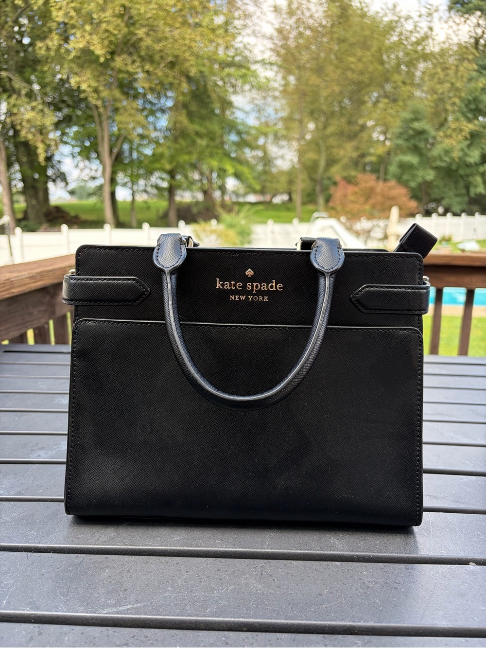 kate spade Black Leather Satchel with Gold Logo